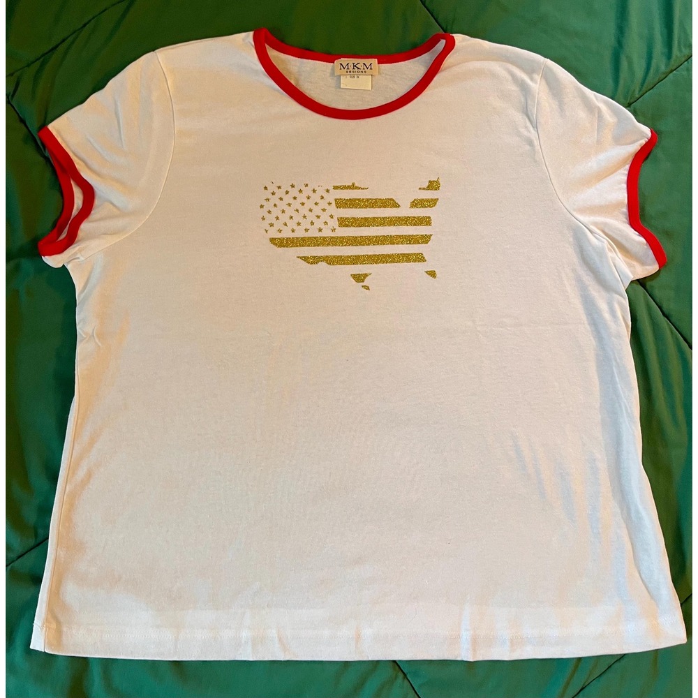 MKM Designs Ringer Tee White Red Gold Glitter USA Flag Map Size 2X Made in USA